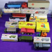 9x Dinky Toys, mainly for restoration. Coventry Climax Fork Lift Truck (401). Foden 14-ton Tanker (