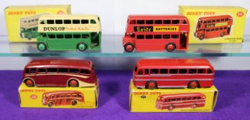 4 Dinky Toys. 2x Leyland Double Decker Bus (290) and (291). In green and cream with DUNLOP adverts