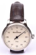 A MeisterSinger No.2 watch with manual winding movement. Stainless steel case, a cream face with