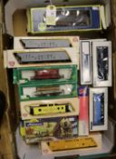 25x HO gauge railway items by IHC, Mehano, Industrial Rail, etc. Some items in unassociated boxes.