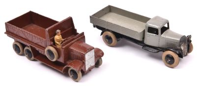 2x 1930s Dinky Toys. A Six-wheeled wagon (25a) with red-brown body, smooth black wheels, white tyres