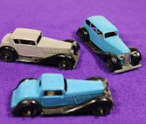 3x Dinky Toys 36 series. Armstrong Siddeley (36a) in blue. Bentley Sports Coupe (36b) in blue.