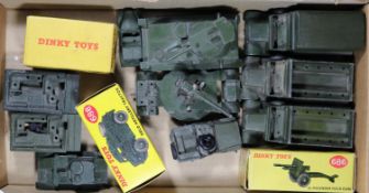 13 Dinky Toys. 3 boxed- Armoured Car (670), 25 Pounder Field Gun (686). Plus a Field Artillery
