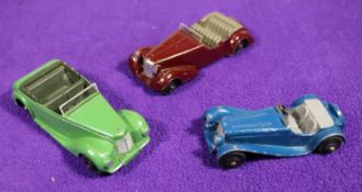 3x Dinky Toys 38 series cars. Alvis Sports Tourer (38d) in maroon with grey setas and black