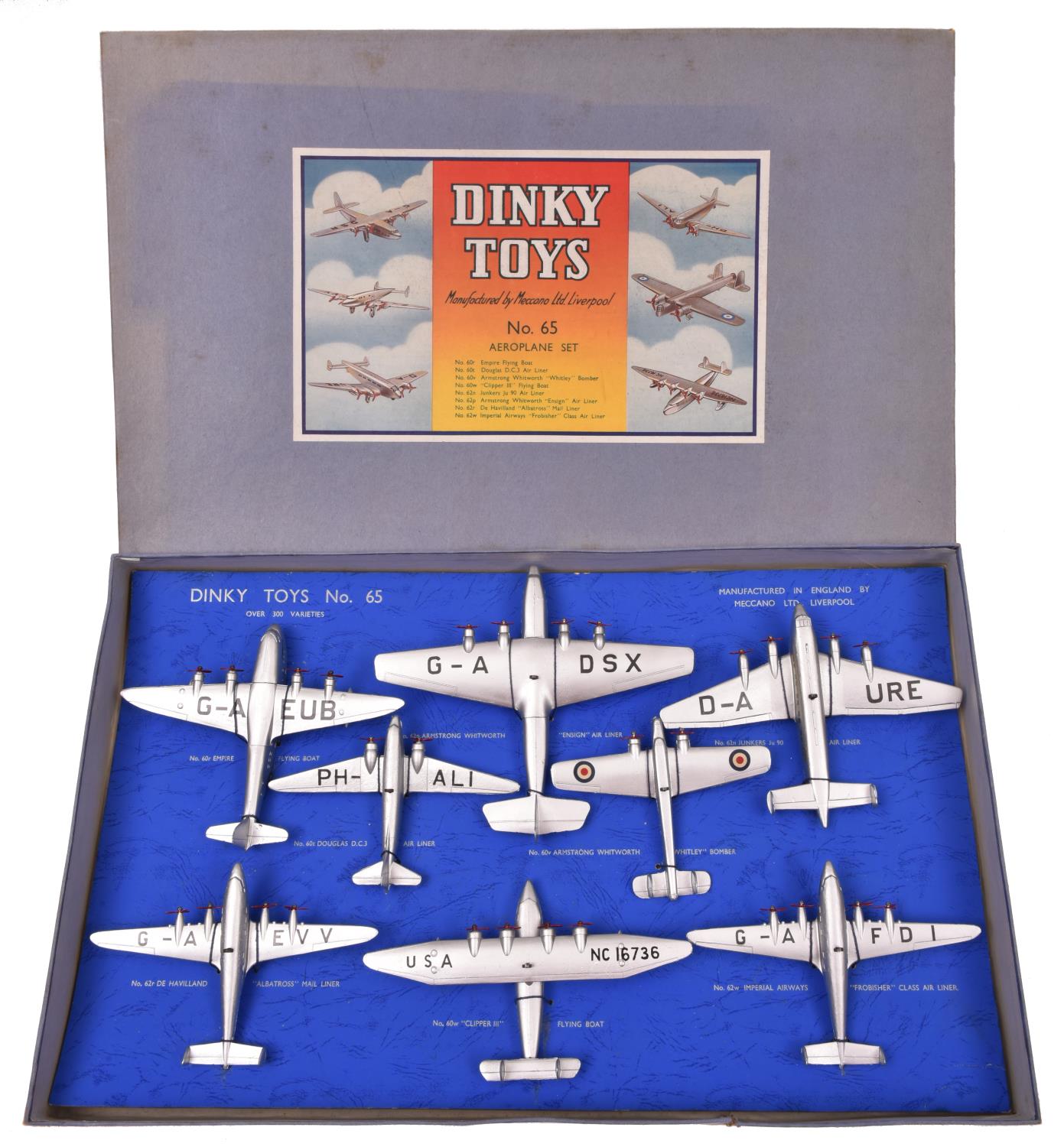 A rare Dinky Toys No.65 Aeroplane Set. The most impressive of all the aircraft sets, comprising 8