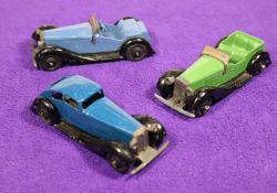 3x Dinky Toys 36 series cars. Rover (36d) in dark blue. Salmson 2-seat Sports car (36e) in blue.