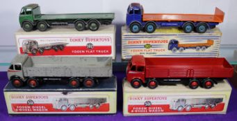 4x Dinky Supertoys. 2x Foden DG Wagons (501), one in fawn and one repainted in red. A Foden DG