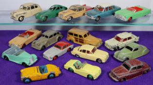 16x Dinky Toys cars. Most for restoration. Including; Buick, Lincoln Zephyr, AC Aceca, Peugeot