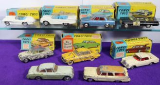 9x Corgi Toys cars, most for restoration. Ford Thunderbird (215-S), Chevrolet State Patrol (223),