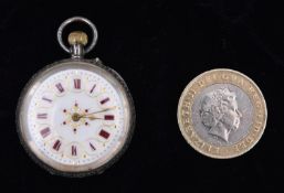 A fine small silver pocket watch. Swiss keyless jewelled movement with enamel dial and red Roman