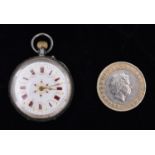 A fine small silver pocket watch. Swiss keyless jewelled movement with enamel dial and red Roman