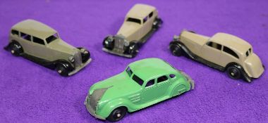 4x Dinky Toys 30 series cars. Chrysler Airflow Saloon (30a) in green with black ridged wheels. Rolls