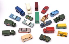 20 Matchbox Series. 10 Sugar Container, 12 Land Rover, 13 Wreck Truck, 14 Lomas Ambulance, 18