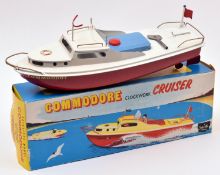 A Sutcliffe Commodore Clockwork Cruiser. All metal construction, with red hull and white deck with