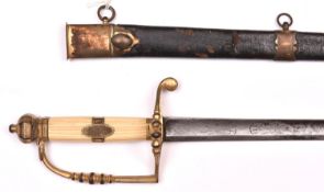 A George III naval officer’s 5 ball hilted spadroon, c 1790, straight, fullered blade 28”, marked “