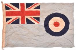 A WWII RAF flag, 3' x 2', sky blue with applied Union flag and RAF roundel, marked “RAF East Moor
