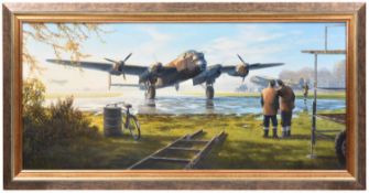 An original oil painting on canvas entitled “First Light” by the well known aviation artist Mark