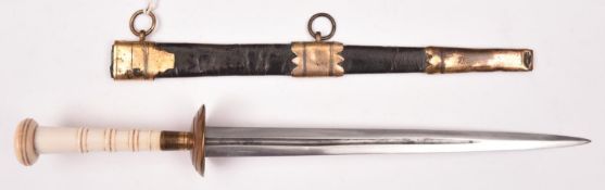 A Georgian naval dirk, c 1800, tapered 8½” DE blade with narrow fullers; gilt brass hilt with turned