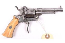 A Belgian 6 shot 7mm Lefaucheux double action pinfire revolver, c 1865, round barrel 85mm, Liege