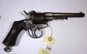 A Belgian 6 shot 9mm Lefaucheux 4double action pinfire revolver, c 1865, number 115458, round barrel