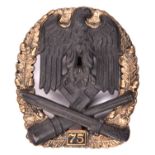 A Third Reich General Assault badge with “75” tablet, gilt wreath with bronzed eagle, marked on