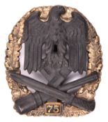 A Third Reich General Assault badge with “75” tablet, gilt wreath with bronzed eagle, marked on