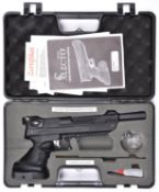 A .177” Webley “Alecto” pump up air pistol, number TRATO112W 03046, of textured black plastic