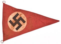 A Third Reich car pennant, 14” x 9½”, red cloth with applique swastikas. £40-45.