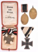 1914 iron Cross 2nd Class, with ribbon; 1914-1918 Honour Cross without swords, with bow ribbon and