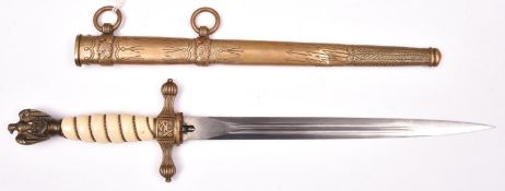 A Third Reich Naval officer’s dagger, with plain unmarked blade, in its sheath. GC (small dent in