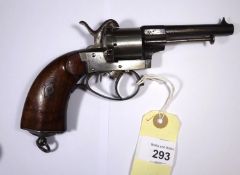 A French 6 shot 7mm Escoffier double action pinfire revolver, c 1870, round barrel 88mm, engraved in