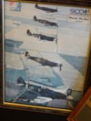 2 mirror prints of a Spitfire and Hurricane, with facsimile signatures of WWII pilots, 19” x 13”, in