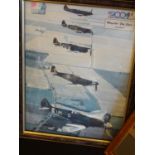2 mirror prints of a Spitfire and Hurricane, with facsimile signatures of WWII pilots, 19” x 13”, in