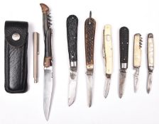6 various folding pocket/pen knives, blades 1½” to 3”, one with ivorine grips, one with chequered