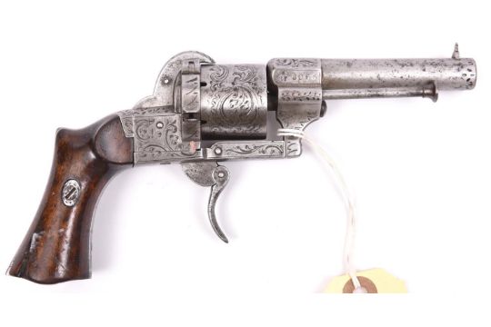A French 6 shot 7mm Lefaucheux Model 1856 self cocking pinfire revolver, number 6055, round barrel