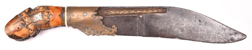 A good old Sinhalese knife Piha Kaetta, thick heavy blade 8½” with engraved brass panels in the deep