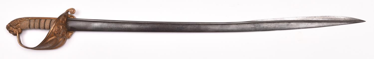 An 1827 pattern Naval officer’s sword, broad pipe back blade 31” x 1¼” at the forte, etched with - Image 2 of 2
