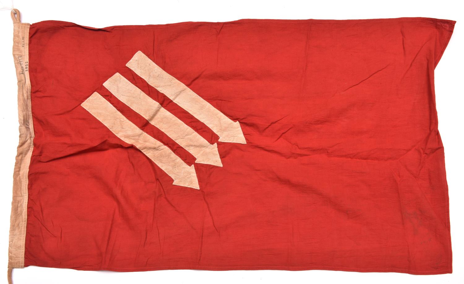 A Third Reich flag, 95cm x 55cm; red cloth with 3 white arrows laid on, hem marked SPD 1932. GC £