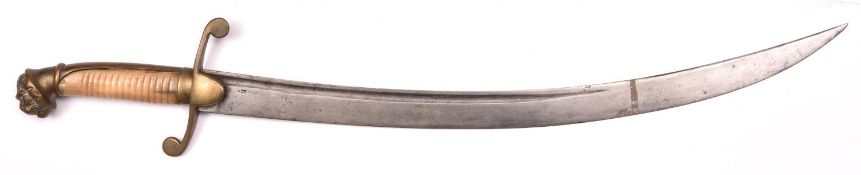 A naval hanger, c 1840, curved blade 17½” with narrow fullers, stamped with K over 4 inspector’s (?)