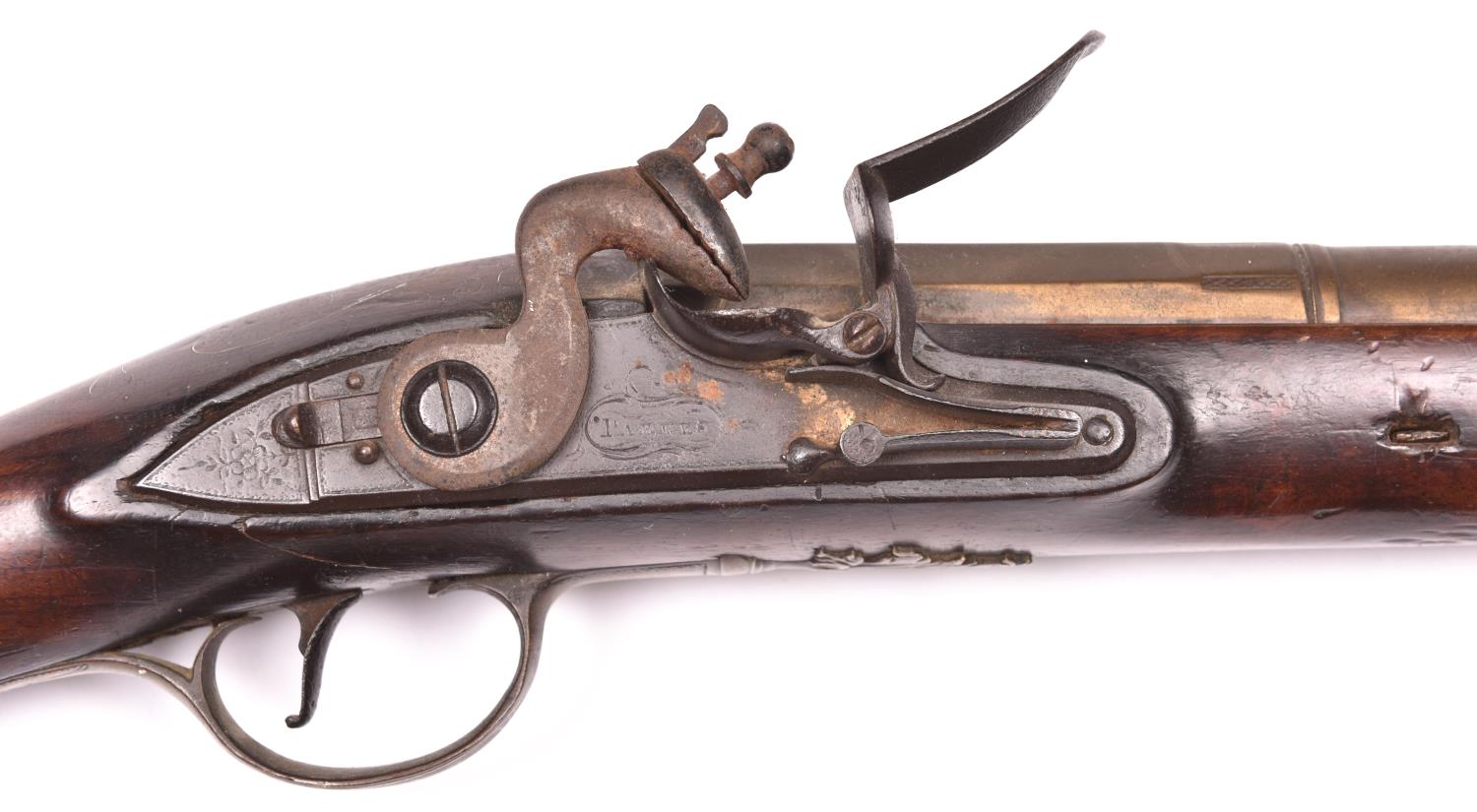 A good quality brass barrelled flintlock musketoon, by Parkes, c 1770, 31” overall, 3 stage barrel