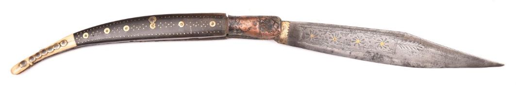 A 19th century Spanish folding knife, navaja, broad blade 8” etched with floral panels inset with