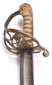 A scarce and interesting RN officer’s fighting sword, c 1827, curved, shallow fullered blade 28”, of