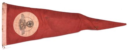 A Third Reich NSKK car pennant, 21” x 7½”, red cloth with Bevo weave type applique panels. GC £40-