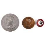 A Third Reich bronzed medallion, 2” diam “Wer Leben Will Der Kampfe Adolf Hitler” etc; a Hitler Dank