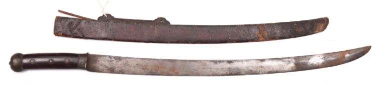 A Chinese sword, broad slightly curved wedge section blade 24”, brass mounted hilt with bulbous