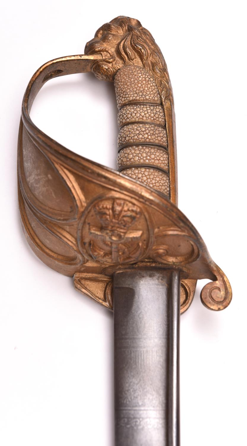 An 1827 pattern Naval officer’s sword, broad pipe back blade 31” x 1¼” at the forte, etched with