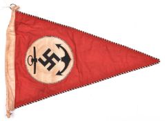 An unusual Third Reich Kriegsmarine car pennant, 14½” x 9½”, red cloth with embroidered swastika and