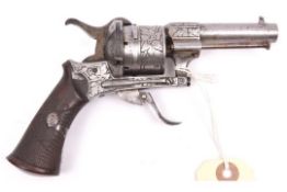 A Belgian 6 shot 7mm Lefaucheux double action pinfire revolver, c 1865, round barrel 70mm, Liege