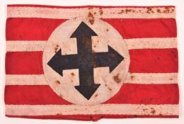A Third Reich red cloth armband with white braid horizontal stripes and printed crossed arrows.