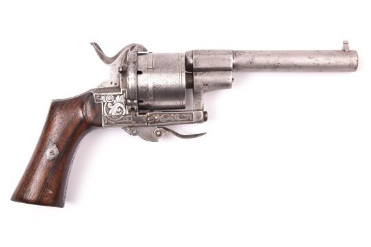 A Belgian 6 shot 9mm Lefaucheux type double action pinfire revolver, c 1865, round barrel with